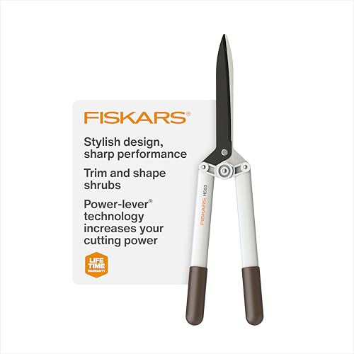 Fiskars 21" PowerLever Hedge Shears, Lightweight Garden Trimmer, White | White Color for Visibility, Power-Lever Reduces Cutting Effort on Shrubs & Bushes, Lightweight FiberComp, Non-Stick Coating - style: Hedge Shears