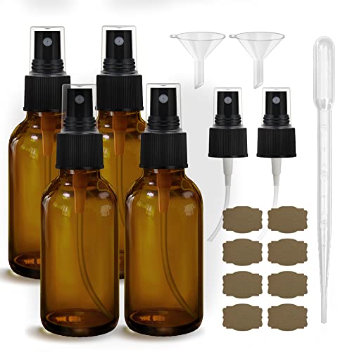 GIVAMEIHF Amber Glass Spray Bottles 4oz,Small Empty Glass Spray Bottle Fine Mist Spray Refillable Containers,Mini Travel Spray Bottles set of 4,Included 6 Sprinkler,2 Funnels,1 Droppers,8 Labels - color: 4oz-4 Pcs