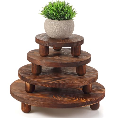 Sintuff 4 Pack Mini Wooden Plant Stool Display Wood Cake Stand 12/10/8/6 Inch Round Plant Risers Holder for Flower Pot Wooden Stool Indoor Outdoor Wood Stand(Dark Brown)