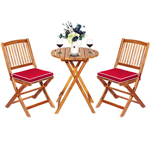 ORALNER 3-Piece Acacia Wood Folding Patio Bistro Set, Small Outdoor Balcony Furniture, Round Coffee Table and 2 Chairs with Soft Cushions, Teak Table Set for Porch, Backyard, Deck (Red) - color: Red