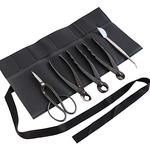 Wazakura Made in Japan 5PCS Bonsai Tool Kit with Roll Bag: Yasugi Steel Ashinaga Bonsai Scissors, Concave Branch Cutter, Knob Cutter, Wire Cutter, Tweezers - 5 Tools Ashinaga Set with Case - style: 5PCS Professional Tool Set (Yasugi Steel Ashinaga Scissor