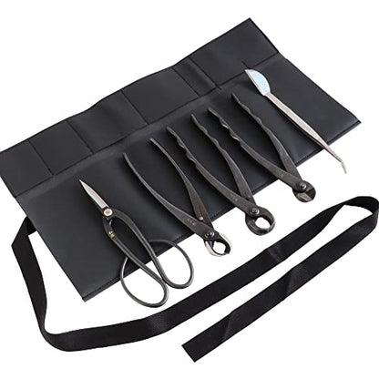 Wazakura Made in Japan 5PCS Bonsai Tool Kit with Roll Bag: Yasugi Steel Ashinaga Bonsai Scissors, Concave Branch Cutter, Knob Cutter, Wire Cutter, Tweezers - 5 Tools Ashinaga Set with Case - style: 5PCS Professional Tool Set (Yasugi Steel Ashinaga Scissor