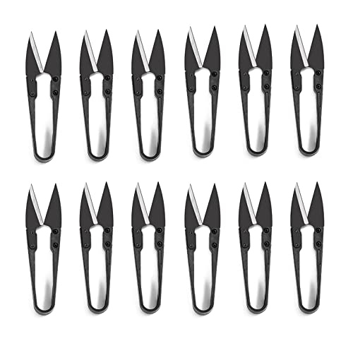 4.1" U-Shaped Bonsai Pruning Scissors for Leaf Bud Trimming 12PCS | Black High Carbon Steel Micro-Tip Mini Garden Clippers for Flowers, Plants, Sewing Crafts, and No-Spring Thread Snips