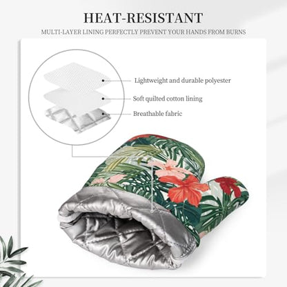 Tropical Floral Oven Mitts and Pot Holders for Heat Resistant Hawaiian Plant Silicone Oven Mittens and Jungle Palm Leaf Hibiscus Potholders Gloves Hot Pads for Kitchen Cooking Baking Grilling - color: Red Green