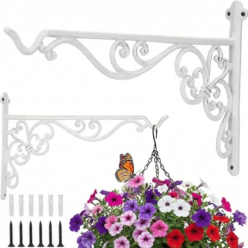 Landhoow 2 Pcs 15.6'' Cast Iron Outdoor Hanging Bracket Plant Hanger, White | Heavy Duty Basket Hook, Vintage Decorative Shelf Garden Planter Flower Hook, for Pot Lantern Wind Chime Hummingbird Feeder - color: White