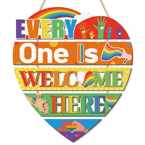 HOURIA Everyone is Welcome Here Pride Wood Sign(11.4"x11.7"),LGBTQ Rainbow Sign Front Door Decoration,Heart-Shaped Layers Wooden Plaques Colorful Welcome Wall Decor for Classroom Office Home - color: Everyone is Welcome Sign