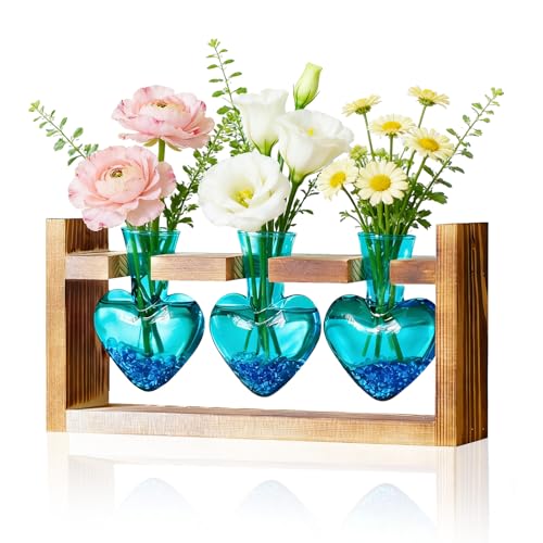 Plant Terrarium with Wooden Stand, 3 Heart Bulb Glass Vases | Wooden Stand Tabletop for Air Planter, Gifts for Mom Plant Lovers Mom Women Wife Grandma - color: Blue