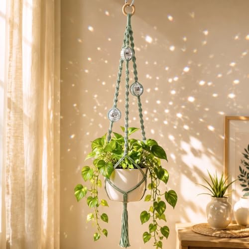 Shappy Boho Macrame Plant Hanger, Large Hanging Planter Plant Holder Pot Hanger Hanging Basket Wall Planters, Plants Lover Gift for Indoor Garden (Disco Ball, Sage Green) - color: Sage Green, size: Style F
