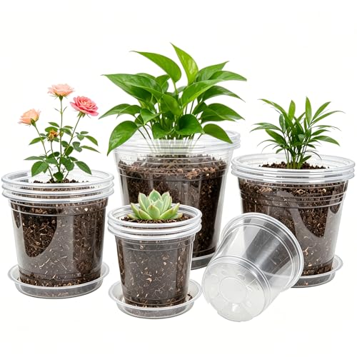 4/5/6/7 Inch 40 Pack Clear Plastic Nursery Pots with Drainage and Saucer | nursery pots, pots with drainage,seedling pots,Plastic Plant Pot,Flower Pots,large nursery pots,clear plant pots - size: 4/5/6/7inch 40pack