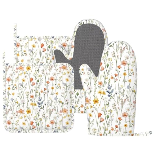Floral Watercolor Wildflowers Oven Mitts and Pot Holders for Heat Resistant Wildflower Silicone Oven Mittens and Potholders Gloves Hot Pads for Kitchen Cooking Baking Grilling BBQ - color: White
