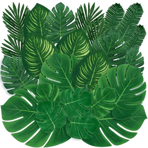 Sggvecsy 56 Pieces 7 Kinds Artificial Tropical Palm Leaves Tropical Leaves Monstera Leaves Safari Jungle Leaf with Stems for Hawaiian Luau Party Beach Table Wedding Shower Birthday Theme Decorations - size: 56 pcs