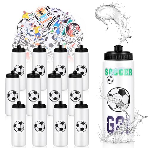 DI QIU REN 12 PCS 20 OZ Soccer Water Plastic Bottle with 300 PCS Stickers | 20 Capacity, Reusable Soccer Water Bottles for Boys, Easy-Squeeze, Secure Cap, Customizable Labels, Sports Team for Gym - style: Soccer Water Bottle-12pcs
