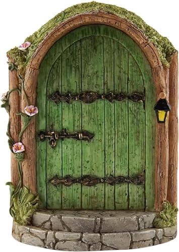 Green Wooden Fairy Door - Miniature Fairy Garden Accessory - Garden Sculpture Lawn Ornament - Art Outdoor Decor Gnome Door Figurine