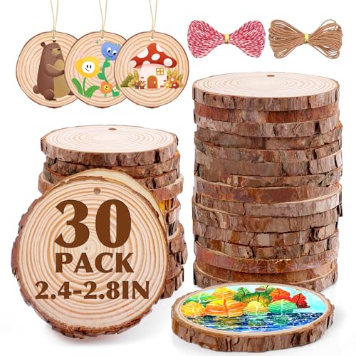 30 Pack Wood Slices for Crafts,2.4-2.8In Unfinished Natural Wood Rounds with Tree Bark.Wood Circles Predrilled with Hole and 20m Rope for Centerpiece Table Decorations,Christmas Ornaments,DIY Gifts - size: 2.4-2.8 in 30 pack