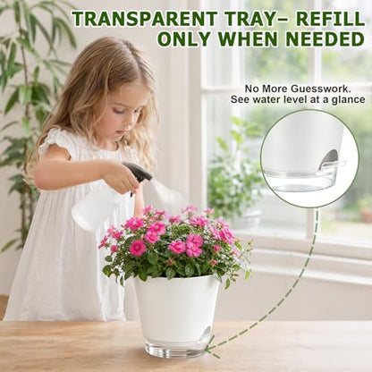 QRRICA 5/5.5/6/6.5/7/8 inch Self Watering Pot Set, Visible Water Level Planter with Transparent Reservoir & Drainage Holes, Plastic Flower Pots with Cotton Rope for Indoor/Outdoor Use (White) - color: White