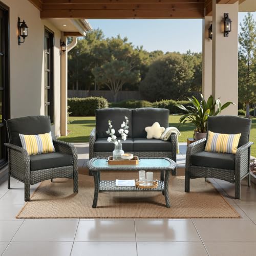 4 Piece Wicker Patio Furniture Set High Back, Black - color: Black, size: 4 Pcs Patio Set