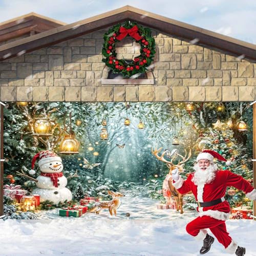 16X7FT Winter Wonderland Garage Door Cover Decorations, Christmas Forest Scene Snowy Tree Snowman Deer Garage Buddy Background, Xmas Holiday New Year Family Party Outdoor Indoor Wall Window Yard - color: White, size: 16X7FT