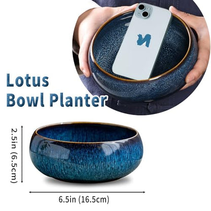 Oncpcare Lotus Bowl Planter – Ceramic Water Plant Pot Sacred Bonsai Bowl Lotus Flower, Shallow Glazed Vase for Lotus Seeds, Bonsai, Succulents, Hydroponic Plants (Blue) - color: Blue-a