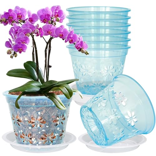 Orchid Pot, 8 Pack Orchid Pots with Holes & Saucers, Clear Plastic Pot for Repotting, Breathable Ventilation Planters for Phalaenopsis, Dendrobium & Oncidium Orchids(7 inch, Blue) - color: Blue, size: 7'' 8pack