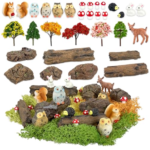 36 Pcs Fairy Garden Accessories for Miniature Landscape Ornaments | Mini Resin Animals Figures, Artificial Tree Stumps and Fake Stone Rocks, Moss Bonsai Micro Garden Kit, Terrarium Ornament DIY - style: 36 Pcs