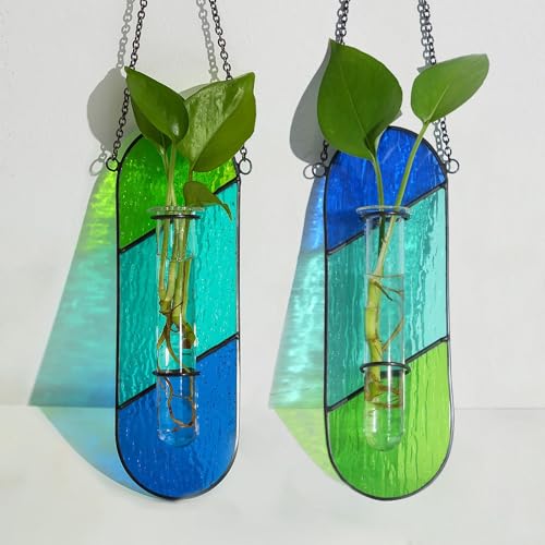 Hewory Stained Glass Window Hanging: 2PCS Propagation Stations Blue & Green | Vibrant Stained glass Plant Propagation for Window Decor, Plant lover Gifts, Suncatcher, Tubes, Suction Cups, Holders - color: Blue-green