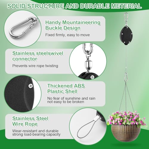 3 Pack Heavy Duty Plant Pulley, Retractable Plant Hanger with Steel Rope | 63" Stainless Steel Rope, Quick Lock Retractable Design, Adjustable Hook for Hanging Plants, Bird Feeders & Grow Lights