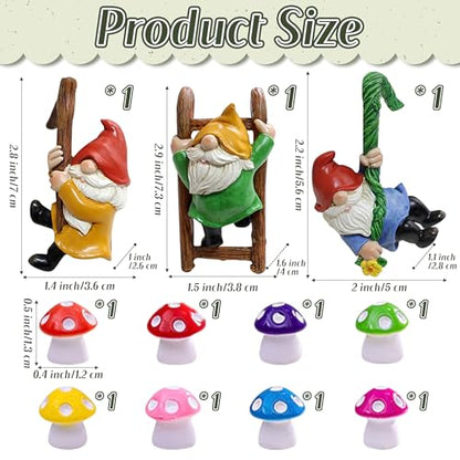 3Pcs Climbing Gnomes with 8Pcs Mini Mushrooms for Plant Pot Decor - Resin Dwarf Little Mushroom Statue Fairy Garden Resin Crafts Yard Flower Pot Decor for Bonsai Micro Landscape Craft