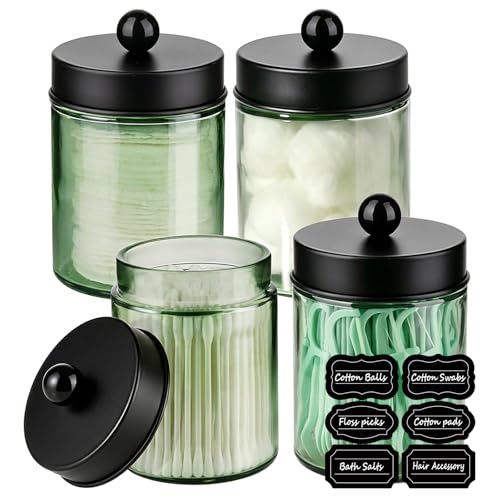Amolliar Green Glass Apothecary Jar Qtip Holder Metal Lids 4pc/Green-black | Bathroom Decor Countertop Vanity Storage Organizer Set for q tip holder,Cotton Swabs/Rounds,Makeup Sponges,Cute Stickers - color: Green-Black Lid