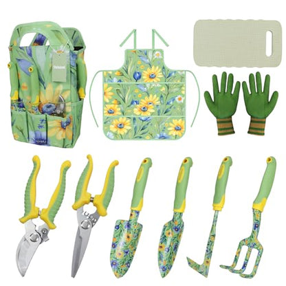 10 Piece Garden Tools Set, Gardening Hand Tools Kit with Heavy Duty Rust-Proof Aluminum Tools, Organizer Tote Bag, Apron, Gloves & Kneeling Pad, Ideal Gardening Gifts for Women, Mom, Grandma & Wife - color: green floral-10pcs