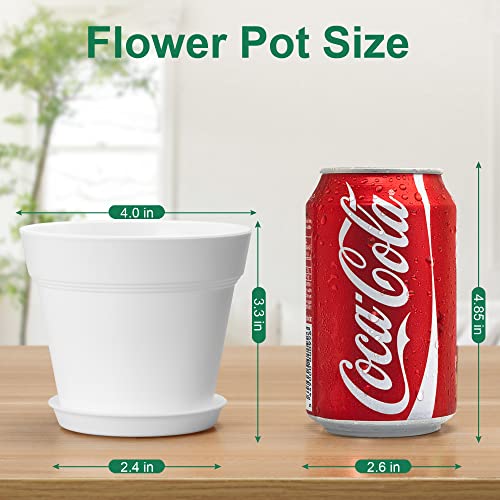 4 Inch Plastic Plant Pots 6 Pack with Drainage Holes and Tray，White | Small Flower Pots, Thickened Indoor Planters Seedlings Nursery Pots, African Violet, Succulent and All House Plants, - color: White, size: 6 Pack-4in