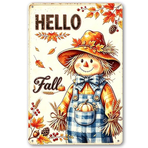 Hello Fall Metal Signs, Vintage Scarecrows Decor 8x12 Inch | Waterproof Autumn Wall Art for Home Farm Yard Patio Garden, Thanksgiving Friendsgiving Decorations Gifts - color: Hello Fall