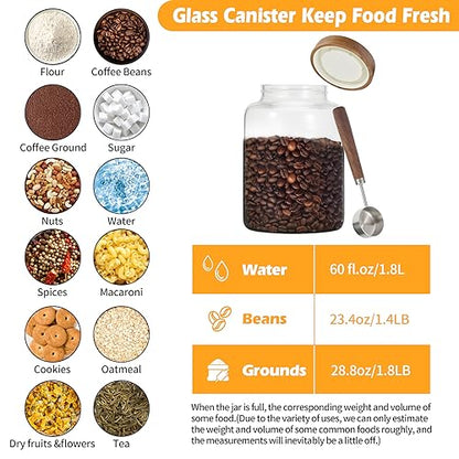 Large Glass Coffee Jars with Spoons 60 oz /1800ml, Round Storage Canister with Wooden Lid Clear Glass Food Jar for Pantry Sugar Tea Coffee Bean Spice Nuts Cookies Bath Salts (1800ml/60oz) - color: 1800ml/60oz