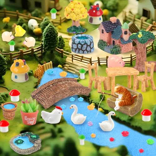 QUOZUO 50 Pcs Fairy Garden Miniatures Accessories Bridge House Landscape Water Well Animal Fence Tree Stone Chair Table Pond Mushroom Lawn Ornament for DIY Craft Mini Garden Scenery Succulent Decor