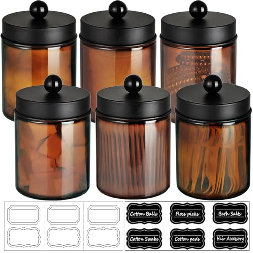 Amolliar Amber Glass Apothecary Jars Qtip Holder w/Metal Lids,Black 6pc | for Bathroom Vanity Storage, Countertop, Farmhouse Style, Holds Cotton Swabs, Dental Floss, Makeup Sponges - color: Black, size: 6 Pack