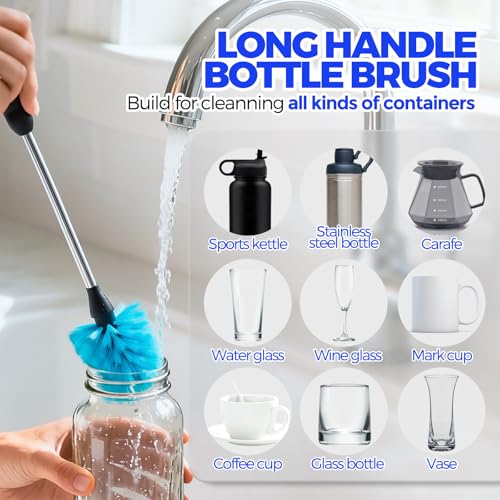 Holikme 4 Pack Bottle Brush 14.5" Long Handle Stainless Steel Brush,Blue | Long-Handled 4-in-1 Stainless Steel Bottle Brushes for Water Bottle, Cups, Straw Cleaner Brush - color: Blue