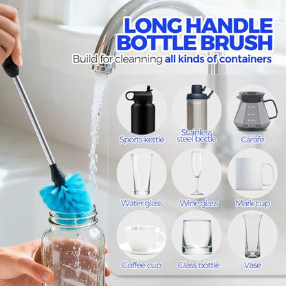 Holikme 4 Pack Bottle Brush 14.5" Long Handle Stainless Steel Brush,Blue | Long-Handled 4-in-1 Stainless Steel Bottle Brushes for Water Bottle, Cups, Straw Cleaner Brush - color: Blue