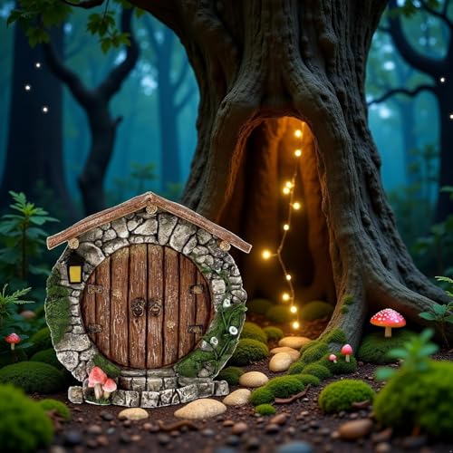 Fairy Garden Doors and Windows for Trees Miniature Fairy Gnome,Sculptures and Statues Wall and Trees Outdoor Wooden Doors and Windows in The Yard Garden Sculptures and Statues