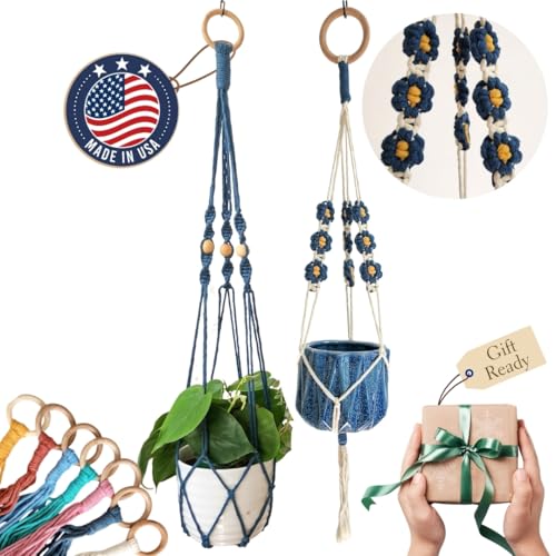 Set of 2 Macrame plant hanger with Daisies & Beads | Hanging plant holder Macrame Plant hangers outdoor and indoor hanging planters Plant stand indoor Boho Decor hanging planter stand (Peacock Blue) - color: Peacock Blue