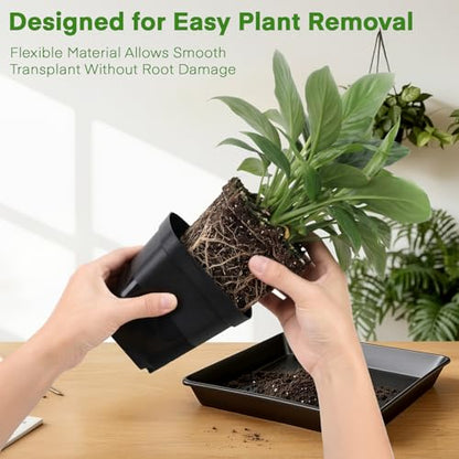 GREANER 12 Inch Sturdy Seed Tray 11PCS, 4 Inch 100PCS Flexible Square Nursery Pots with Drainage Holes, Plant Germination Trays for Plants, Succulent, Flower, 20PCS Plant Labels(Black) - size: 4" Pots-100PCS + 12" Trays-11PCS