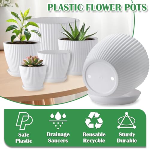 RooTrimmer Multi Size Plastic Plant Pots 6 Pack, Drain Holes, Saucers,White - color: White, size: 7.5/6.5/5.5/4.9/4.2/3.5 Inch Set