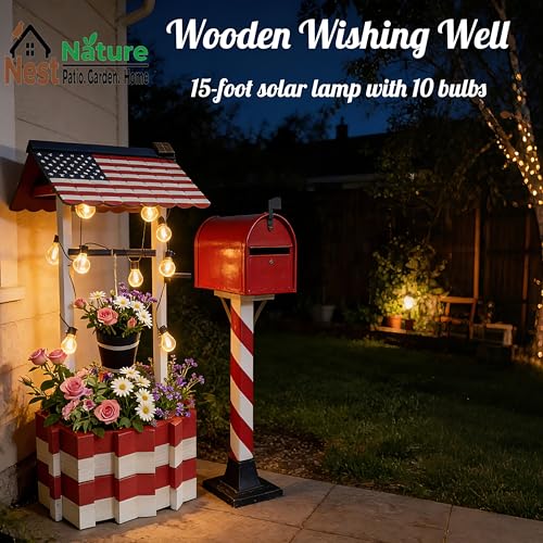 NestNature Large Americana Wooden Wishing Well Planter with Solar Lights - color: Patriotic Color&light, size: 21.75"x21.75"x47.85"