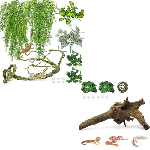 Hamiledyi 7 Pcs Reptile Plants Bendable Climbing Vines Terrarium Hanging Artificial Leaves and Large Driftwood for Reptile Tank 11-16" Natural Bearded Dragon Wood for Ball Python Gecko Lizard Chameleo