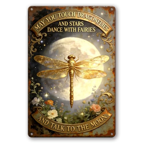 2D Flat Funny Garden Signs, Touch Dragonflies And Dance With Fairies Vintage Garden Decor, Outdoor Wall Decor for Patio Yard Greenhouse, Waterproof Dragonfly Gift for Home 8x12 Inch - color: Dance With Fairies 2