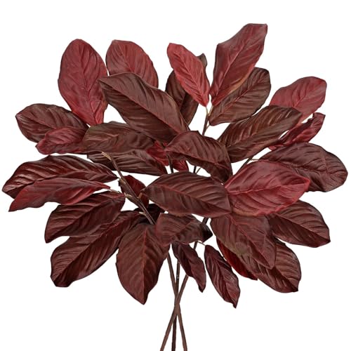 GnFlus Artificial Magnolia Fall Leaves Stem 31 inch Fake Autumn Foliage Branches Leaf for Home Kitchen Farmhouse Vase Thanksgiving Table Centerpieces Party Decor Burgundy - color: Magnolia-red