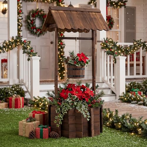 Giantex Wooden Wishing Well Planter with Hanging Bucket, Carbonized Fir Wood Outdoor Garden Planter for Flowers, Rustic Decorative Flower Pot for Yard Patio Deck Home Decor
