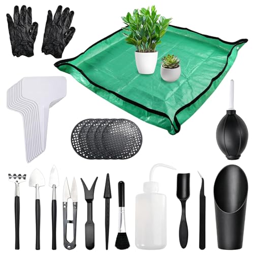 30Pcs Succulent Tools Black Mini Garden Tool Set Bonsai Care Kit with Case Micro Planting Gadgets for Earphone Cleaning Maintenance