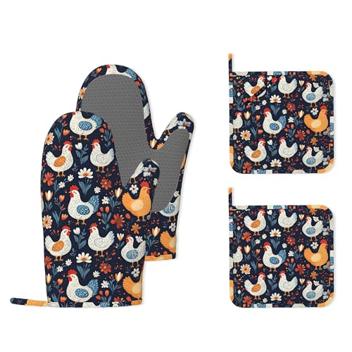 Cute Roosters Hens Chicks Heat-Resistant Silicone Oven Mitts and Pot Holders,Flower Field Long Oven Gloves with Non-Slip Grip for Cooking, Baking, Grilling,BBQ - color: Cute Roosters Hens Chicks Flower Field