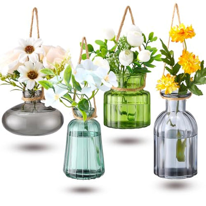 Wonderjune 4 Pcs Stained Glass Hanging Vases Hanging Glass Planters Small Plant Terrarium Pot Containers with Rope for Garden Home Indoor Outdoor Decor, 4 Styles (Artsy) - style: Artsy