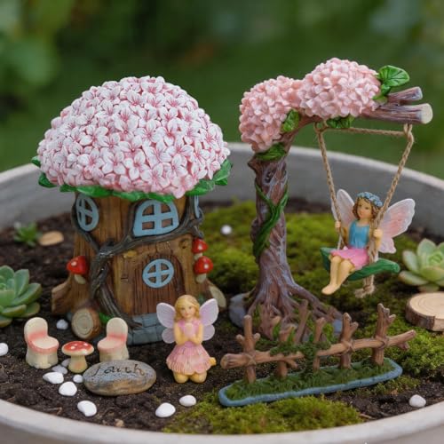 Miniature 8 Pcs Mini Garden Furniture, Fairy Garden Accessories Kit, Resin Figurines with Swing Set, Whimsical Theme, for Outdoor Patio, Yard, Lawn, or Desk