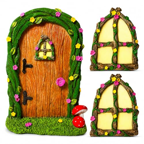 Mood Lab Fairy Garden Decor Door and Window Set, 3-Piece Glow in the Dark Tree and Garden Decor, Accessories for Indoor and Outdoor Use